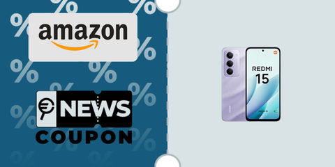 Schermata con logo Amazon e sotto la scritta News Coupon. Accanto è rappresentato lo smartphone Xiaomi Redmi 15 4G 8GB / 256GB