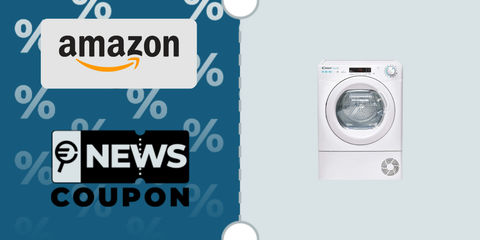 Schermata con logo Amazon e sotto la scritta News Coupon. Accanto è rappresentata l’asciugatrice Candy bianca CSOE H8A2DE-S