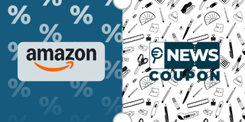 Logo Amazon su sfondo blu, affiancato dalla scritta News Coupon su sfondo con pattern di icone in bianco e nero