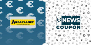 Logo Arcaplanet su sfondo blu, affiancato dalla scritta News Coupon su sfondo con pattern di icone in bianco e nero.
