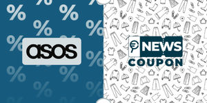 Logo Asos su sfondo blu, affiancato dalla scritta News Coupon su sfondo con pattern di icone in bianco e nero.