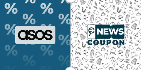 Logo Asos su sfondo blu, affiancato dalla scritta News Coupon su sfondo con pattern di icone in bianco e nero.