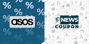 Logo Asos su sfondo blu, affiancato dalla scritta News Coupon su sfondo con pattern di icone in bianco e nero.
