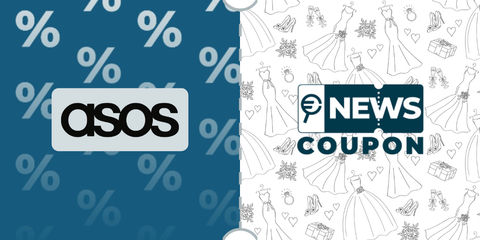 Logo Asos su sfondo blu, affiancato dalla scritta News Coupon su sfondo con pattern di icone in bianco e nero.