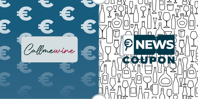 Logo Callmewine su sfondo blu, affiancato dalla scritta News Coupon su sfondo con pattern di icone in bianco e nero.