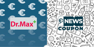 Logo Dr.Max su sfondo blu, affiancato dalla scritta News Coupon su sfondo con pattern di icone in bianco e nero.