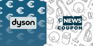 Logo Dyson su sfondo blu, affiancato dalla scritta News Coupon su sfondo con pattern di icone in bianco e nero