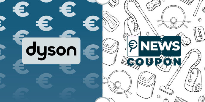 Logo Dyson su sfondo blu, affiancato dalla scritta News Coupon su sfondo con pattern di icone in bianco e nero.