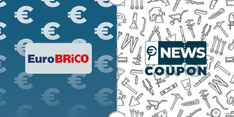 Logo EuroBrico su sfondo blu, affiancato dalla scritta News Coupon su sfondo con pattern di icone in bianco e nero.