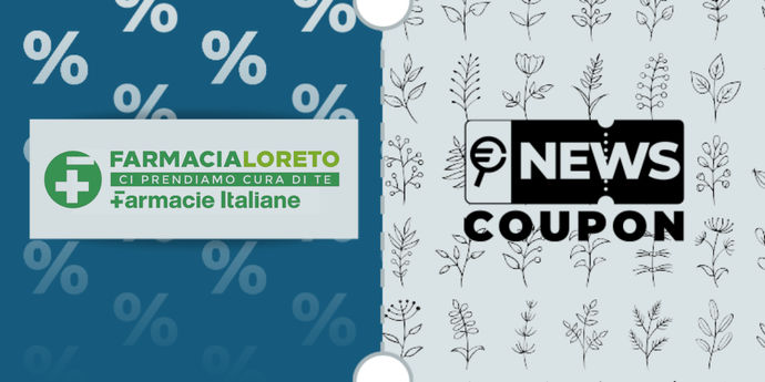 Logo Farmacia Loreto su sfondo blu, affiancato dalla scritta News Coupon su sfondo con pattern di icone in bianco e nero
