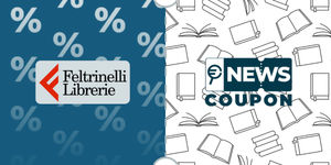 Logo Feltrinelli su sfondo blu, affiancato dalla scritta News Coupon su sfondo con pattern di icone in bianco e nero