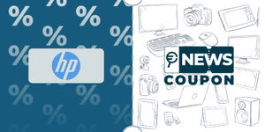 Logo HP su sfondo blu, affiancato dalla scritta News Coupon su sfondo con pattern di icone in bianco e nero.