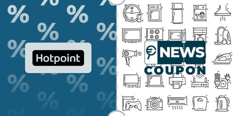 Logo Hotpoint su sfondo blu, affiancato dalla scritta News Coupon su sfondo con pattern di icone in bianco e nero.