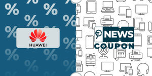 Logo Huawei su sfondo blu, affiancato dalla scritta News Coupon su sfondo con pattern di icone in bianco e nero