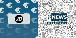 Logo JD Sports su sfondo blu, affiancato dalla scritta News Coupon su sfondo con pattern di icone in bianco e nero.