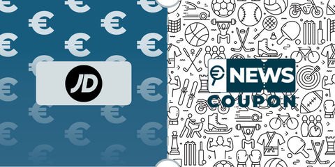 Logo JD Sports su sfondo blu, affiancato dalla scritta News Coupon su sfondo con pattern di icone in bianco e nero.