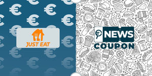 Logo Just Eat su sfondo blu, affiancato dalla scritta News Coupon su sfondo con pattern di icone in bianco e nero.
