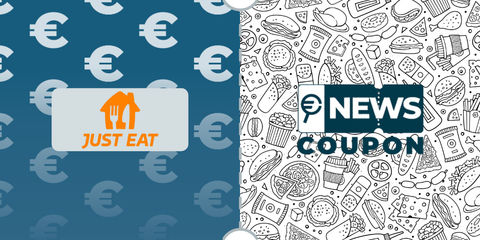 Logo Just Eat su sfondo blu, affiancato dalla scritta News Coupon su sfondo con pattern di icone in bianco e nero.