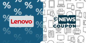 Logo Lenovo su sfondo blu, affiancato dalla scritta News Coupon su sfondo con pattern di icone in bianco e nero