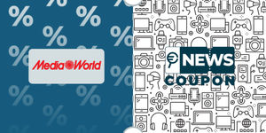 Logo MediaWorld su sfondo blu, affiancato dalla scritta News Coupon su sfondo con pattern di icone in bianco e nero.