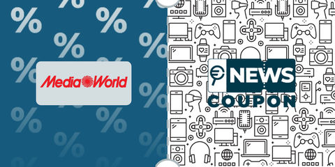 Logo MediaWorld su sfondo blu, affiancato dalla scritta News Coupon su sfondo con pattern di icone in bianco e nero.