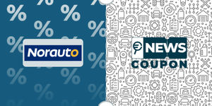 Logo Norauto su sfondo blu, affiancato dalla scritta News Coupon su sfondo con pattern di icone in bianco e nero