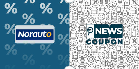 Logo Norauto su sfondo blu, affiancato dalla scritta News Coupon su sfondo con pattern di icone in bianco e nero
