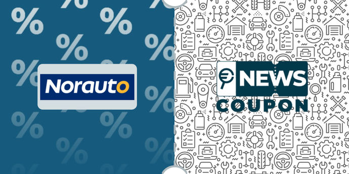 Logo Norauto su sfondo blu, affiancato dalla scritta News Coupon su sfondo con pattern di icone in bianco e nero