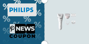 Schermata con logo Philips e sotto la scritta News Coupon. Accanto è rappresentato l’epilatore elettrico Philips Series 8000 Wet&Dry BRE710/00 con tutte le sue testine
