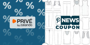 Logo Privé by Zalando su sfondo blu, affiancato dalla scritta News Coupon su sfondo con pattern di icone in bianco e nero.