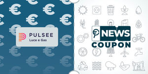 Logo Pulsee su sfondo blu, affiancato dalla scritta News Coupon su sfondo con pattern di icone in bianco e nero.