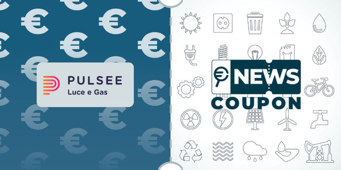 Logo Pulsee su sfondo blu, affiancato dalla scritta News Coupon su sfondo con pattern di icone in bianco e nero.