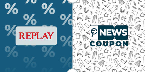 Logo Replay su sfondo blu, affiancato dalla scritta News Coupon su sfondo con pattern di icone in bianco e nero.