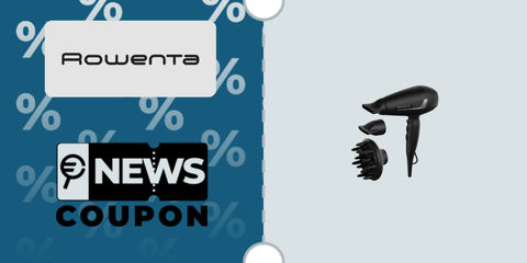 Schermata con logo Unieuro e sotto la scritta News Coupon. Accanto è rappresentato il Phon nero Rowenta Pro Expert CV8830F0