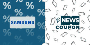 Logo Samsung su sfondo blu, affiancato dalla scritta News Coupon su sfondo con pattern di icone in bianco e nero.
