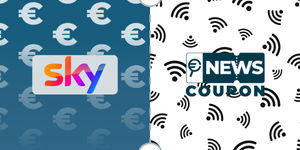Logo Sky su sfondo blu, affiancato dalla scritta News Coupon su sfondo con pattern di icone in bianco e nero.
