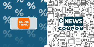 Logo Temu su sfondo blu, affiancato dalla scritta News Coupon su sfondo con pattern di icone in bianco e nero