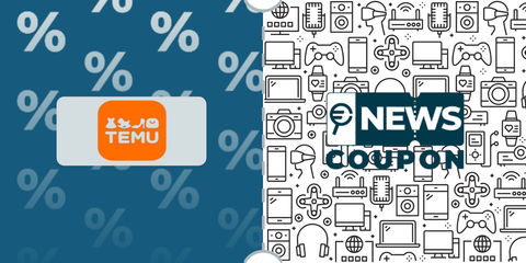 Logo Temu su sfondo blu, affiancato dalla scritta News Coupon su sfondo con pattern di icone in bianco e nero
