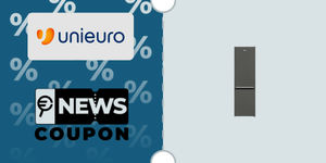 Schermata con logo Unieuro e sotto la scritta News Coupon. Accanto è rappresentato il frigorifero Beko RCSA300K40GN