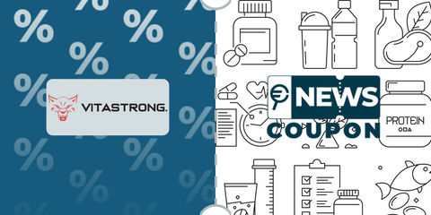Logo Vitastrong su sfondo blu, affiancato dalla scritta News Coupon su sfondo con pattern di icone in bianco e nero.