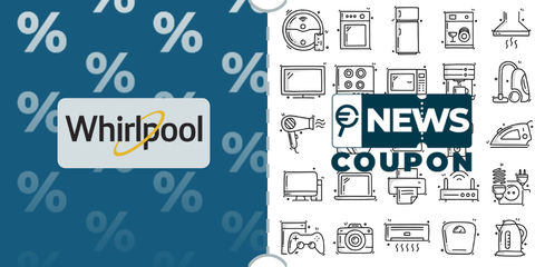Logo Whirlpool su sfondo blu, affiancato dalla scritta News Coupon su sfondo con pattern di icone in bianco e nero.