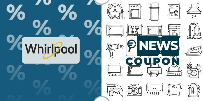Logo Whirlpool su sfondo blu, affiancato dalla scritta News Coupon su sfondo con pattern di icone in bianco e nero.