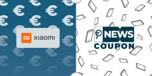 Logo Xiaomi su sfondo blu, affiancato dalla scritta News Coupon su sfondo con pattern di icone in bianco e nero.