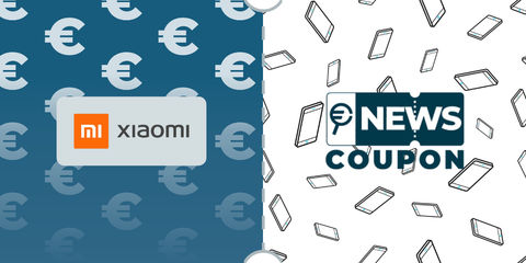 Logo Xiaomi su sfondo blu, affiancato dalla scritta News Coupon su sfondo con pattern di icone in bianco e nero.