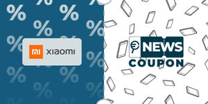 Logo Xiaomi su sfondo blu, affiancato dalla scritta News Coupon su sfondo con pattern di icone in bianco e nero.