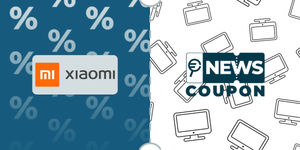 Logo Xiaomi su sfondo blu, affiancato dalla scritta News Coupon su sfondo con pattern di icone in bianco e nero.