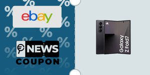 Schermata con logo eBay e sotto la scritta News Coupon. Accanto è rappresentato lo smartphone pieghevole Samsung Galaxy Z Fold7 256GB