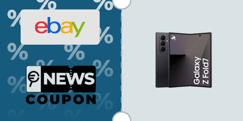 Schermata con logo eBay e sotto la scritta News Coupon. Accanto è rappresentato lo smartphone pieghevole Samsung Galaxy Z Fold7 256GB