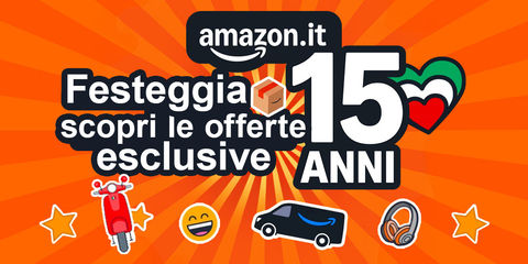nella parte superiore è presente il logo di Amazon.it, subito sotto è presente la scritta "festeggia 15 anni scopri le offerte esclusive", il tutto su sfondo arancione