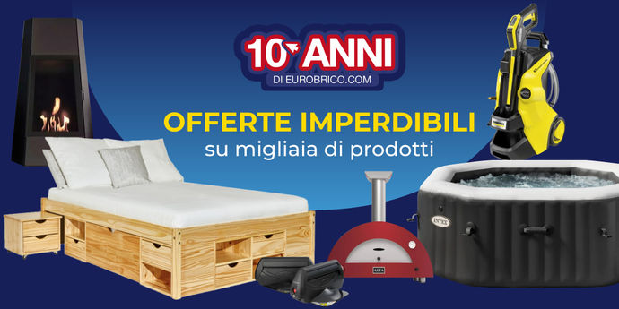 Letto in legno con cassetti, idromassaggio gonfiabile, stufa moderna, forno a legna e idropulitrice gialla, il tutto su sfondo blu. In evidenza la scritta “10 anni di Eurobrico.com”.